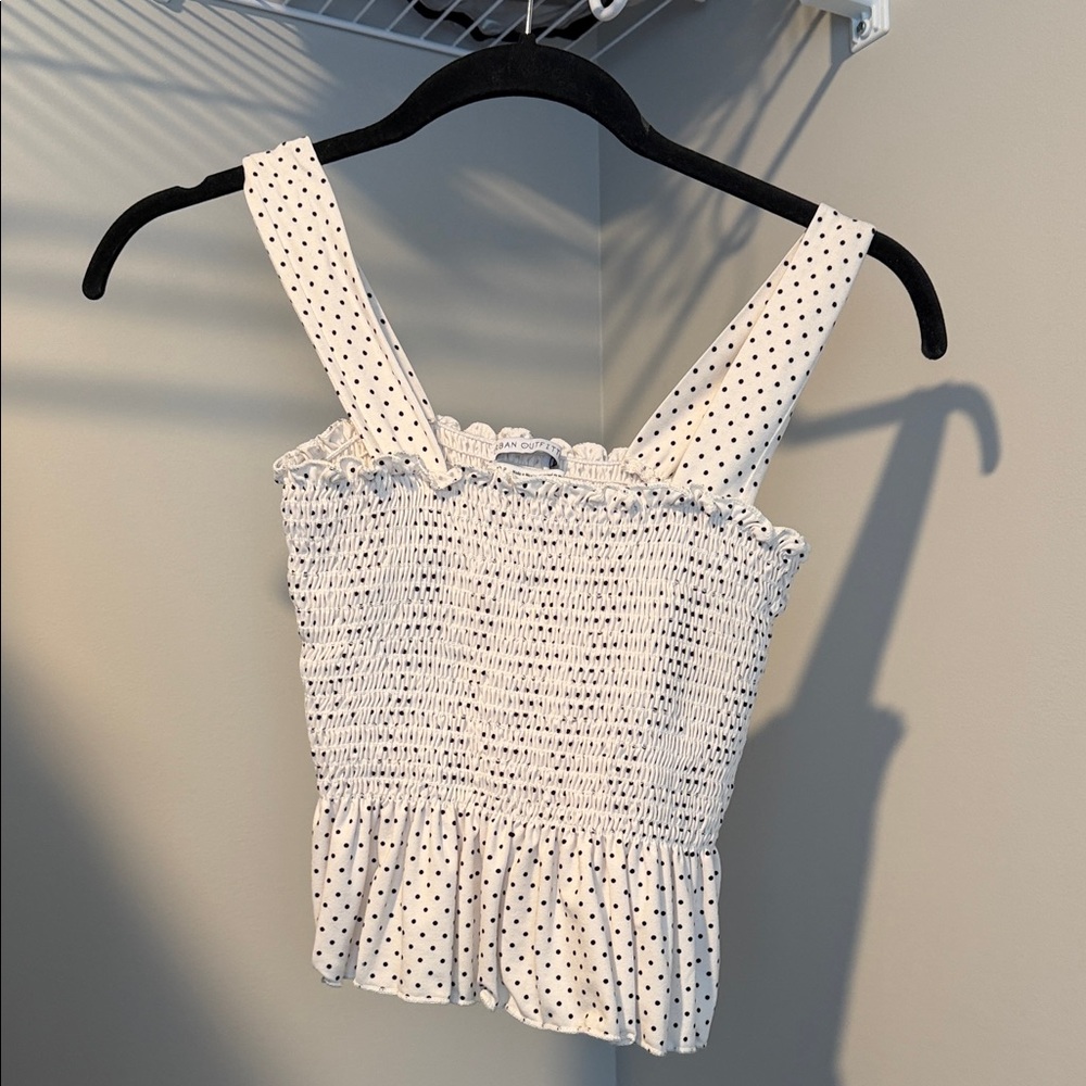 Urban Outfitters White Polka Dot Smocked Tank Top